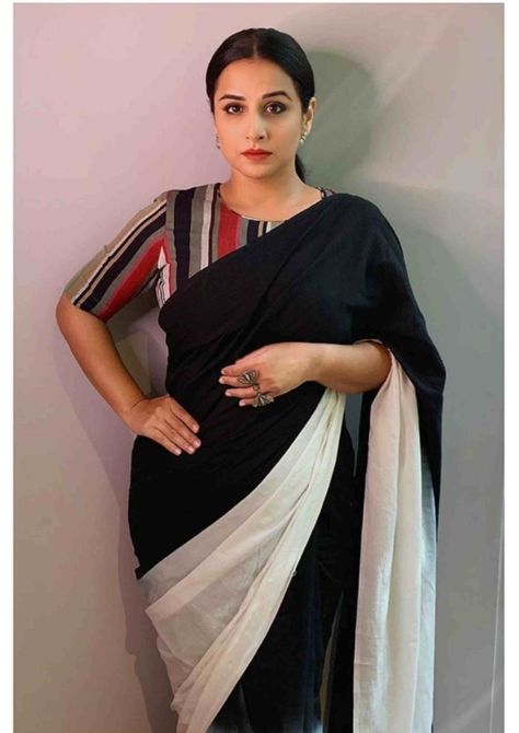 vidya blana in black and white saree shakuntala devi promotions 2 scaled e1595441474139 Black And White Saree Blouse Designs, Black And White Cotton Saree, Black And White Saree Blouse, Vidya Balan Saree Blouse, Vidya Balan Saree, Striped Blouse Designs, White Saree Blouse, Sleek Low Ponytail, Shakuntala Devi