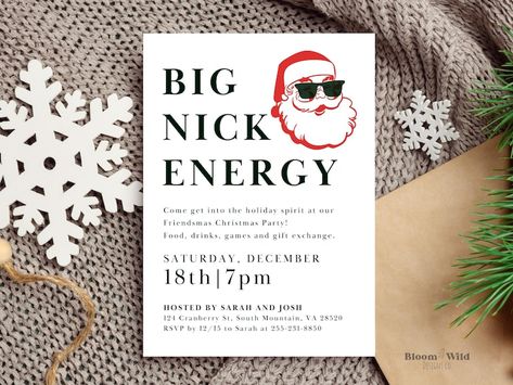 Friendsmas Christmas Party Invitation, Big Nick Energy Evite Download, Funny Christmas Canva Template, Ugly Sweater Friendsmas Xmas Dinner - Etsy Fun Christmas Party Decorations, Fun Party Invitations, 40th Birthday Christmas Theme, Friends Christmas Party Theme, Rich Christmas Party, Christmas Eve Invitations, Holiday Friends Party, Christmas Housewarming Party, Funny Christmas Party Themes