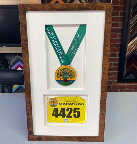 Marathon Medal Display Ideas, Shadow Box Horse Show Ribbons, How To Display Marathon Medals, Burlwood Frame, Shadow Box For Medals, Marathon Frame Medal Displays, Marathon Medal, Picture Framing, Kiawah Island