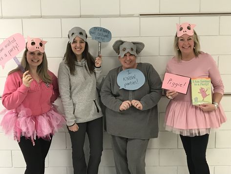 Elephant and Piggie costume for adults. Elephant And Piggie Costume Diy, Elephant And Piggie Costume Teachers, Piggy And Elephant Costume, Piggy And Gerald Costume, Gerald And Piggie Costume, Piggie And Gerald Costume, Elephant And Piggie Costume, Piggie Costume, Character Costumes For Teachers