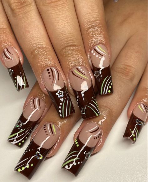 Nails , Nail Art , French Tips 90’s Nail Designs, Y2k Nails Brown, Brown Y2k Nails, Y2k Square Nails, 90s French Tip, Old School Nails, Nail Ideas Y2k Long, 90s Nails Acrylic, 90s French Tip Nails