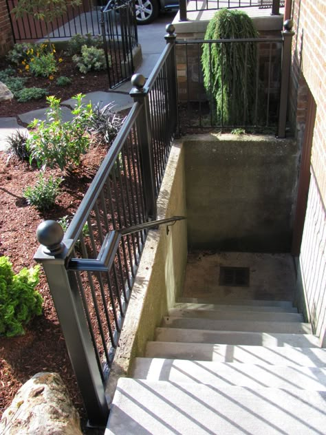 Basement Entrance Outdoor Ideas, Basement Exterior, Basement Stairwell Ideas, Basement Egress, Guardrail Design, Basement Entry, Basement Stairwell, Basement Stair, Stairwell Ideas