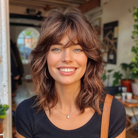 Medium Length Haircut Short Bangs, Shag For Fine Wavy Hair, Shag Bangs Wavy Hair, Off Centre Curtain Bangs, Bottleneck Bangs Medium Hair Round Face, Shoulder Shag With Bangs, Thick Wavy Bangs, Wavy Bangs Haircut, Medium Shag For Fine Hair