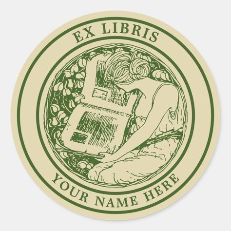 Art Nouveau 1903 Woman & Book Ex Libris Template Classic Round Sticker Art Nouveau Sticker, Ex Libris Design Ideas, Ex Libris Vintage, Bookstore Sticker, Book Rebinding, Ex Libris Stamp, Magic Books, Book Stamp, Aesthetic Stuff