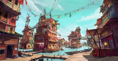 ArtStation - The floating slums, Dhruv Chakkamadam Feng Zhu Design, Feng Zhu, Floating City, Location Inspiration, Landscape Concept, Arte Cyberpunk, Entertainment Design, Fantasy City, Fantasy Places