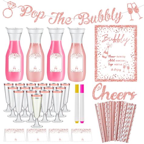 PRICES MAY VARY. Complete Set for a Memorable Mimosa Theme Party: bring the ideal touch of elegance and fun to your mimosa gathering with this comprehensive mimosa bar supply kit; It includes 4 plastic 34 oz water carafes with lids, 1 poster, 1 mimosa bar banner with string, 20 table cards, 20 juice tags, 25 plastic champagne flutes, 25 rose gold paper straws, 1 cheers sign, and 2 marker pens in gold and pink color; This set contains various elements needed for party decoration to provide conven Bridal Shower Mimosa Bar, Bar Banner, Rose Gold Bridal Shower, Pink Bachelorette, Plastic Champagne Flutes, Rose Gold Paper, Water Carafe, Bachelorette Party Planning, Champagne Bar