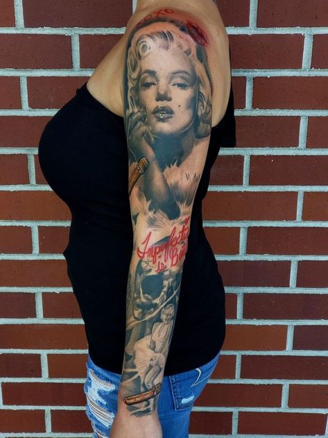 Marylin Monroe portrait tattoo sleeve with writing in lipstick Monroe Tattoo, Marylin Monroe Tattoo Sleeve, Marilyn Monroe Tattoo Sleeve, Marilyn Monroe Portrait Tattoo, Marilyn Monroe Tattoo Designs, Marylin Monroe Tattoo Ideas, Marilyn Monroe Tattoos, Marilyn Monroe Tattoo Ideas, Hollywood Tattoo