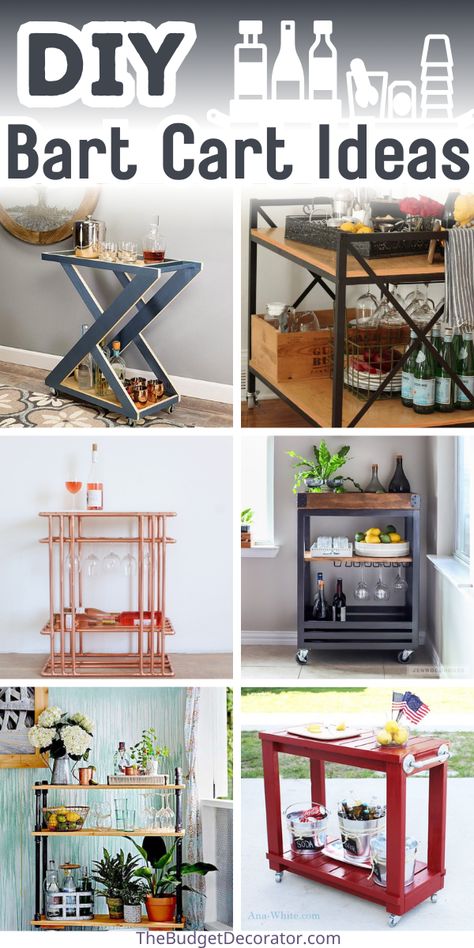 A DIY bar cart is a great way to set yourself up for success when hosting friends! They not only serve as decor, but as a practical and functional area for you and your friends to craft up perfect cocktails! Putting a bar cart in your kitchen or living room automatically gives it the feeling of being ready to host at a moments notice. So add some bar cart decor and get to crafting the perfect cocktail right at home! Check out these diy bar cart ideas and plans to get started Build A Bar Cart, How To Build A Bar Cart, Rustic Bar Cart Ideas, Diy Rustic Bar, Rolling Bar Cart Diy, Bar Cart Wood Diy, Rustic Bar Cart, Build Your Own Bar, Bar Cart Design