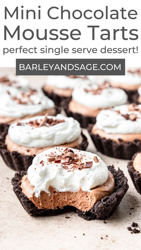 These mini chocolate mousse tarts are the perfect sharable bite-sized dessert! They have a crunchy oreo crust, silky chocolate mousse filling, and are topped with whipped cream and chocolate shavings! Single Serve Desserts, Chocolate Mousse, Single Serve, Tart