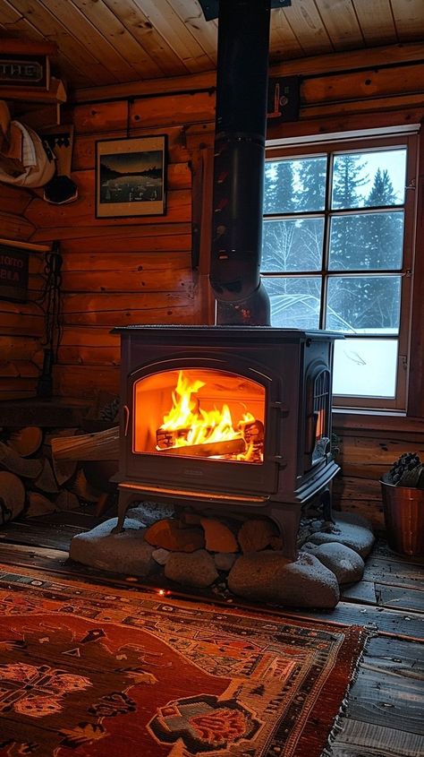 Cozy rustic cabin interior with fireplace in snow-covered landscape, perfect for winter retreat. Cabin Wood Burning Fireplace, Cabin Wood Burning Stove, Rustic Wood Burning Stove, Cabin Fireplace Aesthetic, Warm Cabin Aesthetic, Woodstoves In Living Rooms, Wood Stove Christmas, Fireplace Aesthetic Cozy, 1940s Cabin