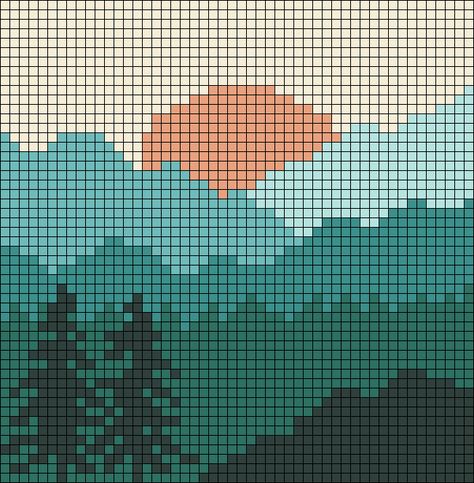 Sunset Alpha Pattern, Pixel Wall Art, Alpha Pattern Pixel Art, Knit Landscape, Simple Alpha Patterns, Crochet Pixel Art, Pixel Art Pattern Design, Crochet Graphgan, Crochet Wall Art