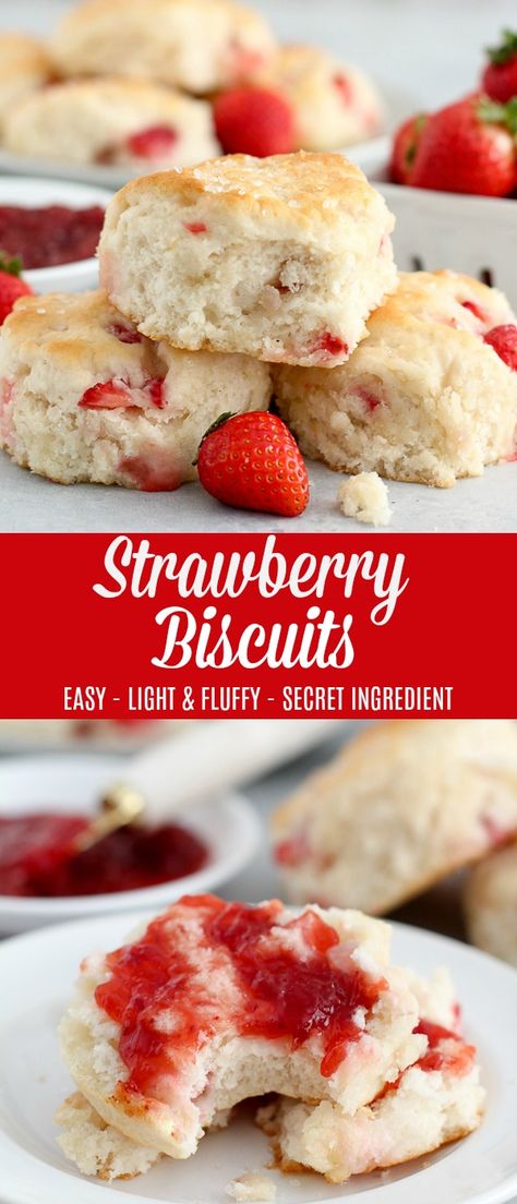 Tender and fluffy biscuits filled with fresh strawberries. Check out the secret ingredient in this easy biscuit recipe! #biscuits #strawberries #baking #breakfast #JustAdd7UP #ad Strawberry Cream Cheese Biscuits, Strawberry Buiscits, Strawberry Biscuit Cake, Strawberry Buttermilk Biscuits, Strawberries And Biscuits, Flavored Biscuits Homemade, What To Eat With Biscuits For Dinner, Strawberry Biscuits Recipe Easy, Fruit Biscuits Recipe