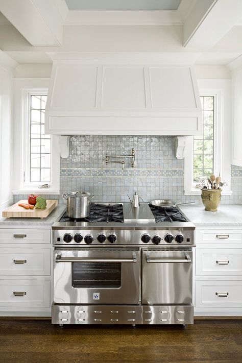 Kitchen with windows beside stove Blue Backsplash, Modern Renovation, Herringbone Backsplash, Young House Love, Classic Kitchen, Kitchen Hoods, Kitchen Stove, Kitchen Remodel Idea, Traditional Kitchen