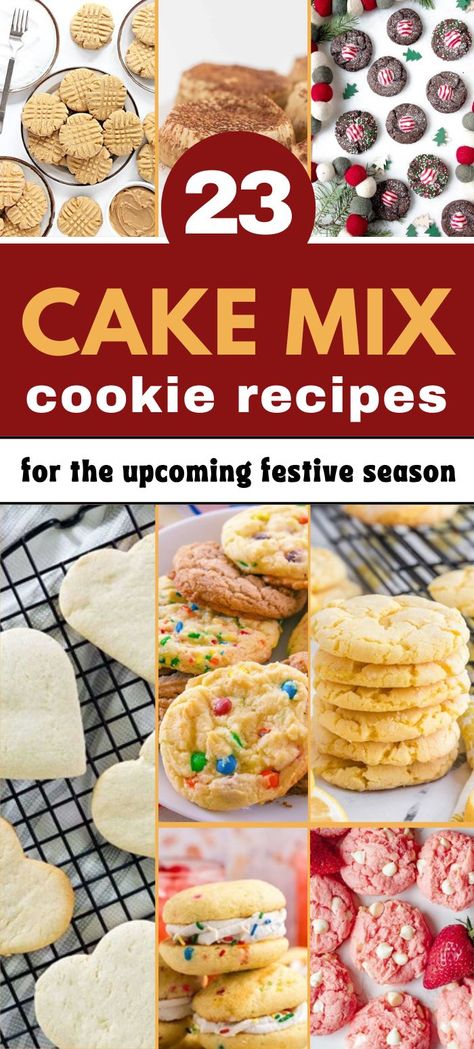 An enticing collage of a colorful assortment of cake-mix cookies, featuring a variety of flavors such as chocolate chip, lemon, and red velvet. The cookies are arranged on a cheerful, patterned plate, with sprinkles and icing adding a festive touch. Soft, chewy textures are highlighted, showcasing how easy and fun it is to make cookies using cake mixes. Text overlay reads "23 Easy Cake-Mix Cookie Recipes" Cake Mix Cookies 3 Ingredient Chocolate Chip, Using Cake Mix For Cookies, Making Cookies From Cake Mix Boxes, Cookie Cake Box Recipe, Turning Cake Mix Into Cookies, What To Do With Cake Mix Ideas, Cake Box Sugar Cookies, Cake Mix Sugar Cookies Recipes, Recipes That Use Cake Mix Desserts