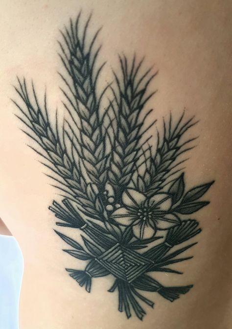 Wheat and St Brigids Cross Tattoo #wheattattoo #StBrigidsCross #ForgetMeNotFlower Imbolc Tattoo, St Brigid Tattoo, St Brigid Cross Tattoo, Brigid Tattoo, Imbolc Brigid, Liam Tattoo, Birth Tattoo, Brigids Cross, Piercing Designs