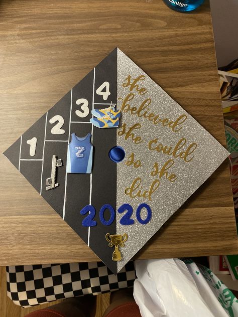 Cross Country Graduation Cap Ideas, Track And Field Graduation Cap, Track And Field Party Ideas, Track Graduation Cap, Graduation Cap Designs Sports, Basketball Graduation Cap Ideas, Track And Field Senior Night, Track And Field Graduation Pictures, Sports Graduation Cap