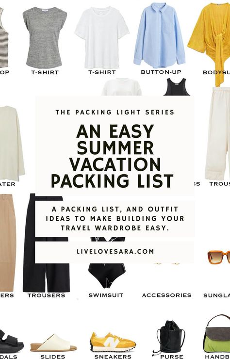 A white background with the image with a visual list of 20 items to pack for a summer vacation. In the middle is a white box with the words, "An Easy Summer Vacation Packing List." 10 Day Capsule Wardrobe Travel Light, 10 Day Summer Packing List, Two Week Packing List Summer, 10 Days Packing List Summer, 10 Day Holiday Packing List, 3 Week Packing List Summer, Packing Summer Vacation, Sight Seeing Outfit Summer Europe, 2 Weeks In A Carry On Summer