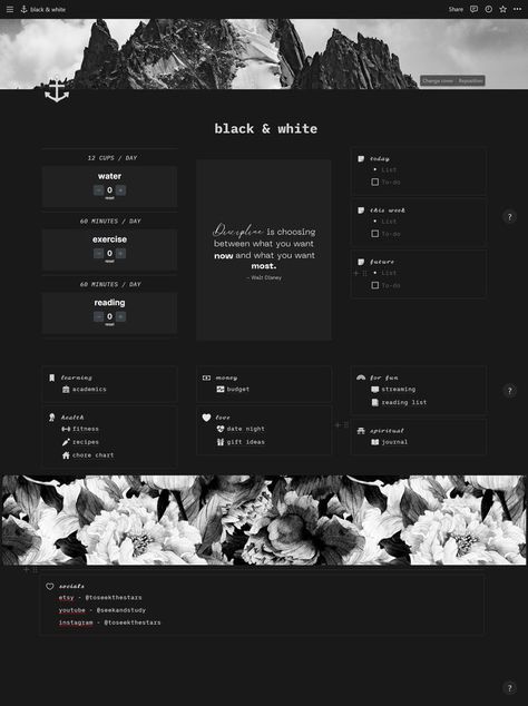 aesthetic black and white notion planner clean design template for productivity for students habit plannerspread #freeprintablemealplanner✒️ Notion Template Ideas Aesthetic Black, Black And White Notion Template, Notion Dark Mode Templates Aesthetic, Notion Template Ideas For Students Dark, Dark Notion Aesthetic, Aesthetic Notion Template Free, Notion Black And White, Notion Template Ideas Minimalist, Notion Template Ideas Aesthetic Dark