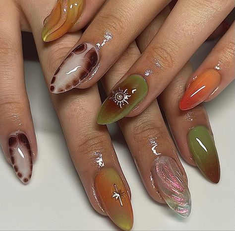 Cute fall nail design Fall Nails Maximalist, Nail Inspo Fall Short, Maximalist Nails Fall, Fall Textured Nails, Funky Autumn Nails, Crazy Fall Nails, Fall 3d Nails, Fall Funky Nails, 3d Fall Nails