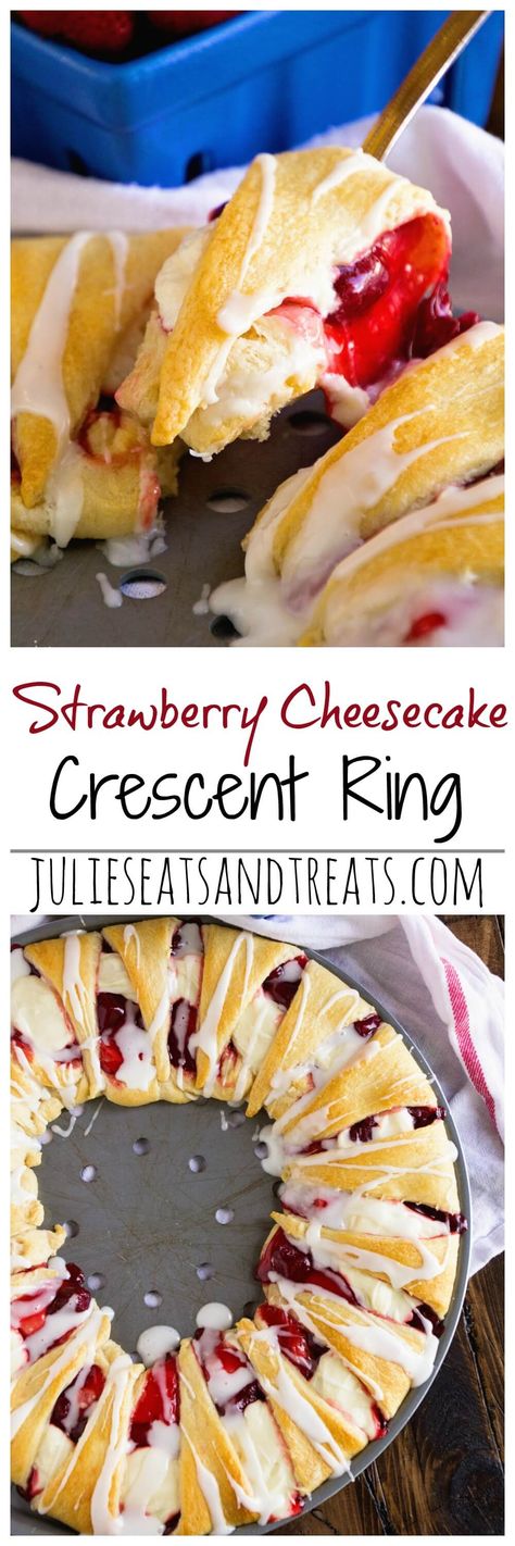 Strawberry Cheesecake Crescent Ring ~ Tender, Flaky Crescent Rolls Stuffed with Strawberry Pie Filling & Cheesecake then Drizzled with Icing! Perfect Quick & Easy Breakfast Recipe! @luckyleaf Quick Easy Breakfast, Breakfast Recipes Easy Quick, Crescent Recipes, Strawberry Pie Filling, Easy Breakfast Recipe, Pillsbury Recipes, Crescent Ring, Crescent Roll Recipes, Oreo Dessert