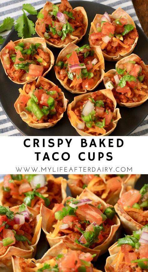 These easy taco cups are layered with refried beans, taco meat, and dairy-free cheese. Baked in wonton wrappers, these crispy taco cups make the perfect appetizer, snack, or dinner for a fun cinco de mayo or game day celebration. Top with pico de gallo, guacamole, or fresh avocado to make them your own! #dairyfree #tacocups #cincodemayo Taco On A Stick, Taco Bites Appetizers Wonton Wrappers, Wonton Wrapper Taco Cups, Taco Cupcakes With Tortillas, Wonton Poppers, Wonton Taco Cups, Taco Cups Recipe, Tasty Tacos Recipe, Taco Appetizers