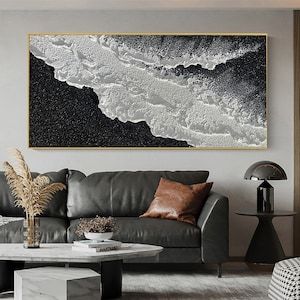 White Textured Walls Living Room, Textured Canvas Art Materials, Black Beach Painting, Black Textured Painting, Minimalist Wall Art Bedroom, Bedroom Paintings Canvas Wall Art, Textured Canvas Art Abstract, Black Textured Art, Black And White Canvas Painting