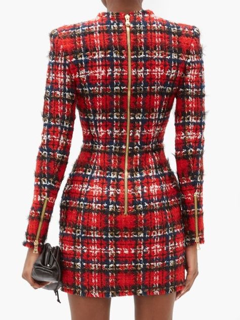 Plaid Tweed Dress For Fall, Tartan Dress Outfit, Elegant Plaid Tweed Office Dress, Winter Plaid Tweed Dress, Chic Fitted Plaid Tweed Dress, Fitted Plaid Tweed Dress, Green Velvet Skirt, Balmain Dress, Tartan Dress