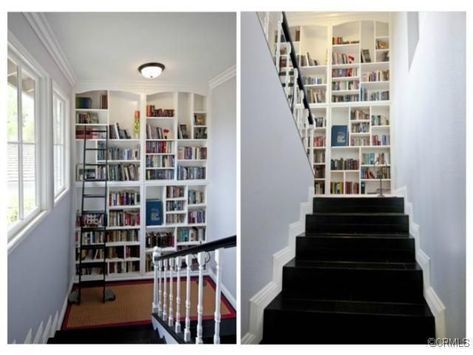 Stairway Landing Decor, Staircase Bookshelf, Builtin Bookshelves, Stairway Landing, Housing Inspiration, Housing Decor, Landing Decor, Stair Shelves, Bookcase Ideas