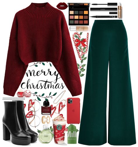 Christmas Boots Outfit, Xmas Style Outfit, Christmas Colours Outfit, Green Christmas Outfit Aesthetic, Red And Green Christmas Outfit Women, Red With Green Outfit, Christmas Outfit Green Pants, Green Pants Outfit Christmas, Christmas Green Outfit Ideas