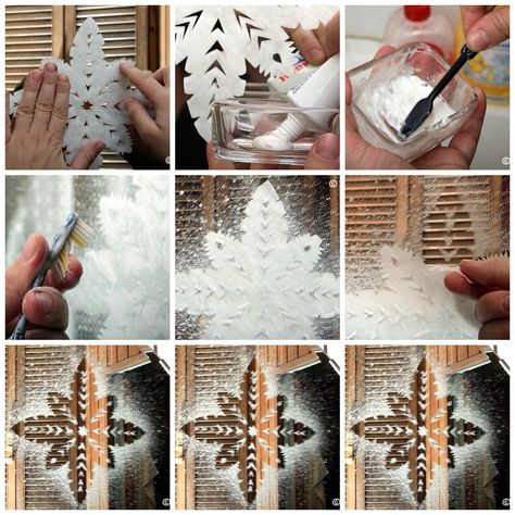 Place cut out snowflake on a window. Mix toothpaste and water. Use toothbrush to spray toothpaste mixture around snow flake. Peel snow flake off. Beautiful window art. Fake Snow Decorations Window, Fake Snow Window Art, Fake Snow Spray Ideas, Fake Snow Window Ideas Spray, Fake Snow On Windows, Christmas Window Snow Spray, Spray Snow Window Art, Snow Graffiti Window, Snow On Windows Spray Ideas