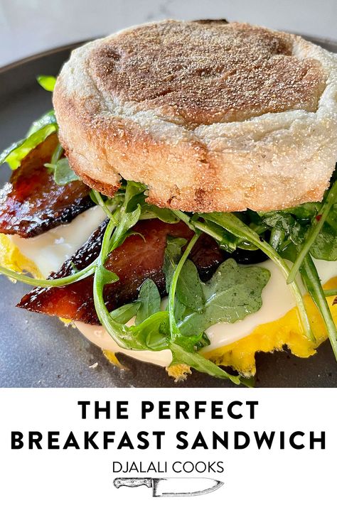 Breakfast Sandwich With Arugula, Cream Cheese Breakfast Sandwich, Cafe Breakfast Sandwich Ideas, Arugula Breakfast Sandwich, Healthy Bacon Egg And Cheese Sandwich, Egg Breakfast Sandwich Ideas, Bacon And Egg Breakfast Sandwich, Egg Bacon Cheese Sandwich, Gourmet Egg Sandwich