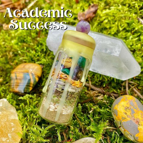 As most of us know all too well, school can be difficult, stressful, and tiring. The Academic Success spell jar is made to help students who feel like they could use a little boost in school. The herbs and crystals inside the jar are known to help relieve stress, bring happiness, improve your concentration, focus, and motivation, while also bringing you wisdom, good luck, and overall success in all that you pursue! Success Spell Jar, Success Spell, Witches Jar, Pass My Exams, Witch Bottles, Spell Jar, School Success, All Too Well, Academic Success