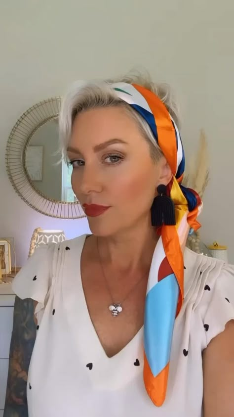 Head Scarf Tying For Short Hair, Pixie With Scarf, Bandana Tied In Hair, How To Style Silk Scarf Short Hair, Pixie Hair Scarf, Head Scarves For Short Hair, Pixie Scarf Styles, Short Hair Scarf Styles Pixie Haircuts, Scarf In Short Hair