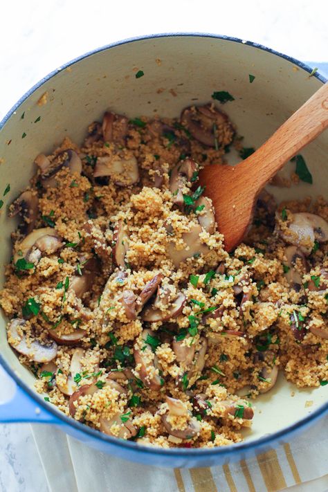 Cremini Mushroom & Herb Couscous Stuffing | Couscous | Mushrooms | Thanksgiving side dish Tofu Couscous, Mushrooms Thanksgiving, Mushroom Couscous, Herb Couscous, Mushroom Broth, Thanksgiving Side Dish, Vegan Party, Stuffed Mushroom, Vegetarian Sides