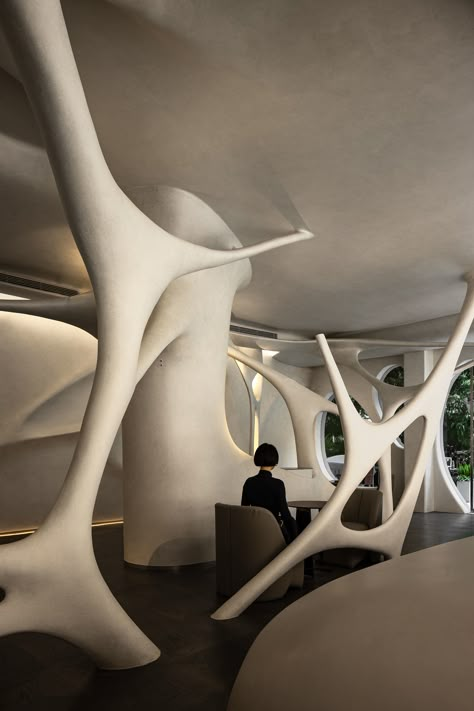 Tan90° | AD ARCHITECTURE Dynamic Design Architecture, Spatial Experience Architecture, Dynamic Interior Design, Performance Space Architecture, Fluidity Architecture, Interior Architecture Concept, Parametric Interior Design, Futuristic Cafe, Conceptual Interior Design