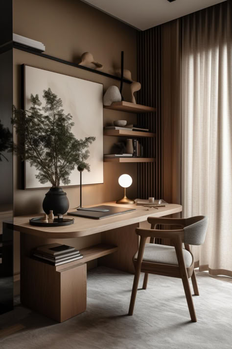 49 Exquisite Japandi Home Office Styles: The Harmony of Minimalism and Elegance Japandi Study Table, Small Studio Interior Design, Study Office Ideas, Moody Japandi Home, Small Design Studio, Home Home, Home Study Room, Desk Home, Home Interior Design Aesthetic