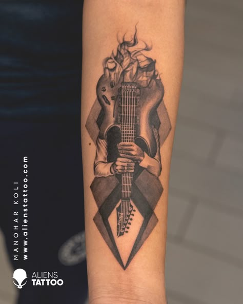 Music Arm Tattoo For Men, Electric Guitar Tattoo Design, Guitar Tattoo For Men, Electric Guitar Tattoo, Geometric Tattoo Music, Guitar Tattoos, Different Tattoo Styles, Small Music Tattoos, Music Symbol Tattoo