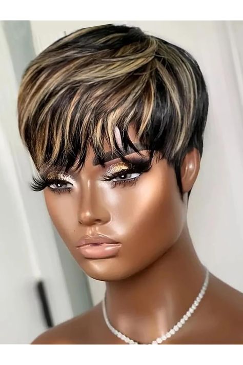 Highlight Blonde Pixie Cut Human Hair Wigs for Black Women Glueless Wear and Go Wig Short Wavy Layered Pixie Wig with Bangs Short Straight Bob Wig for Daily Use 1B27 Pixie Cut Human Hair Wigs, Highlight Blonde, Straight Bob Wig, Layered Pixie, Blonde Pixie Cut, Pixie Wig, Short Straight Bob, Hair Wigs For Black Women, Bangs Short