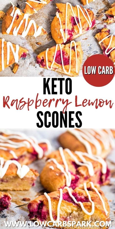 These delicious glazed Keto Raspberry Lemon Scones are buttery and moist on the inside, with a crisp exterior covered and a tangy sugar-free lemon glaze. Make the best almond flour scones with raspberries that are actually really easy to bake from scratch. Low Carb Treat, Keto Raspberry, Raspberry Scones, Lemon Scones, Postre Keto, Keto Diet Breakfast, Keto Diet Benefits, Starting Keto Diet, Low Carb Treats