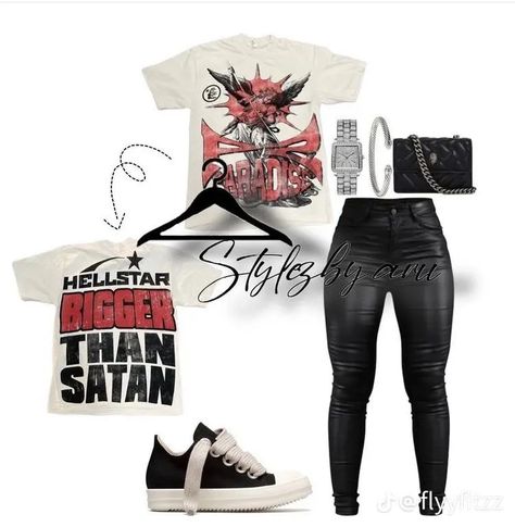 Las Vegas Baddie Outfit, Red Graphic Tee Outfit Black Women, Rich Owen Outfit, Powerhouse Outfit Ideas, Purple Dunks Outfit Black Women, Cristian Zerotre Outfits, Christian Zero Tre Outfits, Concert Clothes Ideas, Dopeskill Outfits