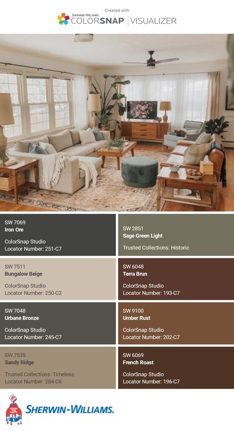 I just created this color palette with the Sherwin-Williams ColorSnap® Visualizer app on my Android phone. What do you think? You can learn more about ColorSnap Visualizer and get it on your phone free by visiting https://www.sherwin-williams.com/content/colorsnap.html. Western Living Room Paint Wall Colors, Sherwin Williams Homestead Brown, Cavern Clay Sherwin Williams, Sherwin Williams Living Room Colors, Cozy Living Room Paint Colors, Wall Color Living Room, Pearl House, Western Living Room, Color Palette Living Room