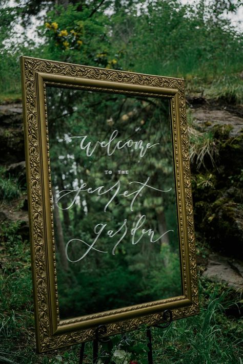 Alice in Wonderland in Secret Garden - A PRINCESS INSPIRED BLOG | Secret Garden Wedding Ideas #mirrorsign The Secret Garden Wedding, Secret Garden Backdrop, Enchanted Forest Decorations Prom, Secret Garden Theme Wedding, Secret Garden Centerpieces, Enchanted Garden Prom Decorations, Secret Garden Invitations, Secret Garden Sweet 16, Secret Garden Dance Theme