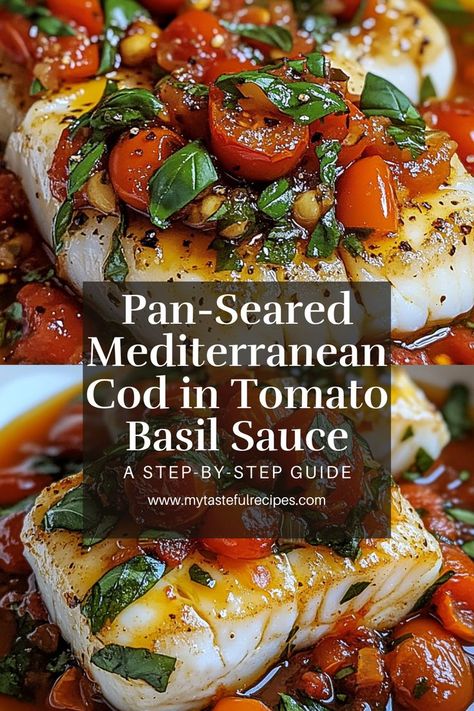 Enjoy the perfect balance of flavors with this Pan-Seared Mediterranean Cod in Tomato Basil Sauce. The crispy cod paired with the tangy, aromatic tomato basil sauce creates a comforting, flavorful meal that’s perfect for a cozy dinner at home. Best Cod Recipes, Cod Recipes Healthy, Cod Fillet Recipes, Crispy Cod, Mediterranean Cod, Cod Dishes, Cod Fish Recipes, Tomato Basil Sauce, Basil Sauce