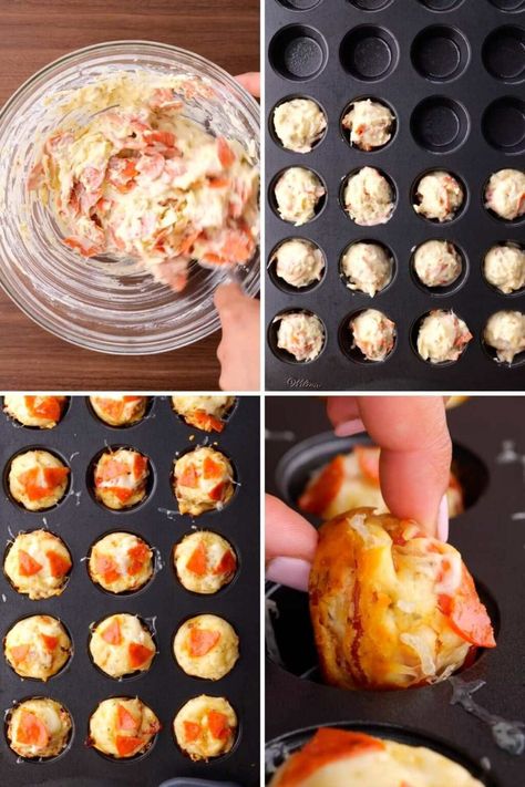 Pepperoni Pizza Bites are a like a bagel bite and pizza muffin with homemade dough, cheese & pepperoni, ready to bake in just a few minutes. Pizza Bits, Pepperoni Balls, Homemade Pizza Bites, Pepperoni Bites, Mini Muffin Tin Recipes, Pizza Muffin, Pepperoni Pizza Bites, Mini Pizza Bites, Cheesy Bites