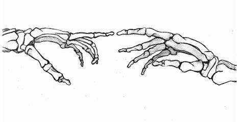 Reaching Skeleton Hand, Two Skeleton Hands Tattoo, Skeleton Hand Reaching Out, Skeleton Hands Touching, Skeleton Painting Ideas, Hand And Skeleton Hand Tattoo, Skeleton Hand Painting, Skeleton Hand Poses, Skeleton Hands Tattoo