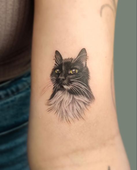 Tuxedo Cat Tattoo, White Cat Tattoo, Minimalist Cat Tattoo, Cat Outline Tattoo, Tattoo Advice, Black Cat Tattoo, Lion Tattoo Ideas, Mother And Son Tattoo, Tattoos Behind Ear