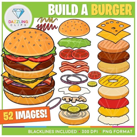 With this amazing Build a Burger / Make Hamburger Clip art Set you can create your own delicious burgers in minutes! This set contains 52 illustrations (26 color, 26 black and white). The variations are endless! It contains the following illustrations: -Bacon -Beef Burger -Cheese Slice w/holes -Cheese Slice -Chicken Burger -Chicken Patty -Egg -Ketchup Spread -Ketchup Line -Lettuce -Lower Hamburger Bun -Middle Hamburger Bun -Single Mushroom -Mushrooms -Mustard Spread -Mustard Line -Single Slice of Onion -Onions -Single Pickle -Pickles -Pineapple Slice -Single Slice of Tomato -Tomatoes -Top Hamburger Bun All images in this Build a Pizza Clip art Set have a 300 dpi resolution with a transparent background (white center), to get crisp images in your projects! This product comes as a compressed Burger Clipart, Build A Burger, Fun Clipart, Chicken Patty, Burger Cheese, Burger Chicken, Cheese Slice, Paper Doll Printable Templates, Bacon Burger