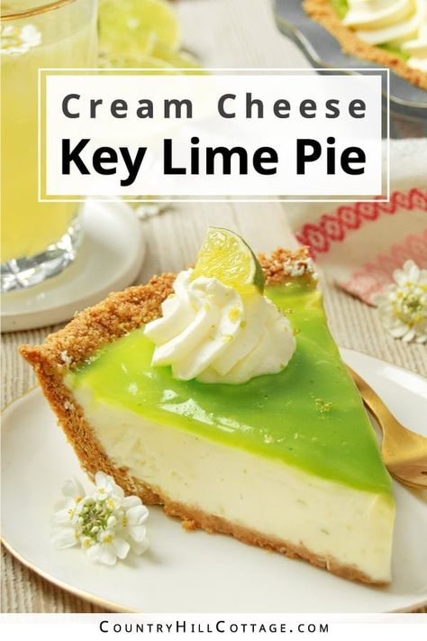 With a graham cracker crust, creamy cream cheese filling, and a tangy key lime curd on top, this key lime cream cheese pie is heaven on a plate. The filling has a rich, cheesecake-like texture that pairs wonderfully with the tart citrus topping. An easy and delicious no-bake dessert for spring, Easter, and summer! Key lime cream cheese pie is citrusy, bright, lusciously creamy and delicious. Think of this as a cross between classic key lime pie and no-bake cheesecake. | CountryHillCottage.com Key Lime Curd, Pie With Cream Cheese, Key Lime Cheesecake Recipe, Key Lime Desserts, Lime Curd, Rich Cheesecake, Key Lime Cheesecake, Cream Cheese Pie, Cream Cheese Topping