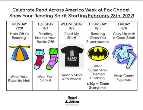 Read Across America Spirit Week, Love Of Reading Week Ideas, Read Across America Ideas For School Dress Up, Reading Spirit Week, Read Across America Ideas For Preschool, Read Across America Dress Up Days, Right To Read Week Ideas, Literacy Week Ideas, Read Across America Preschool