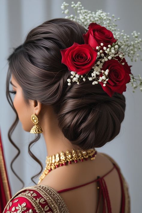 This indian hairstyle features a long, voluminous braid adorned with delicate baby's breath flowers and golden embellishments. Bridal Hairdo Indian, Voluminous Braid, Bridal Hairstyles Indian, Wavy Wedding Hair, Breath Flowers, Indian Wedding Hairstyles, Vintage Wedding Hair, Indian Bridal Hairstyles, Bridal Hairstyle